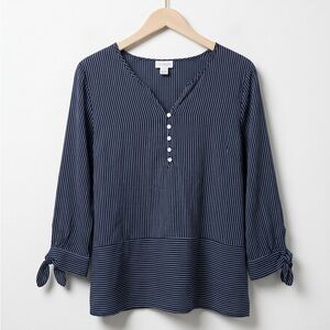 Liz Claiborne Navy Blue And White Striped Henley V-Neck Tunic with Tie Sleeves